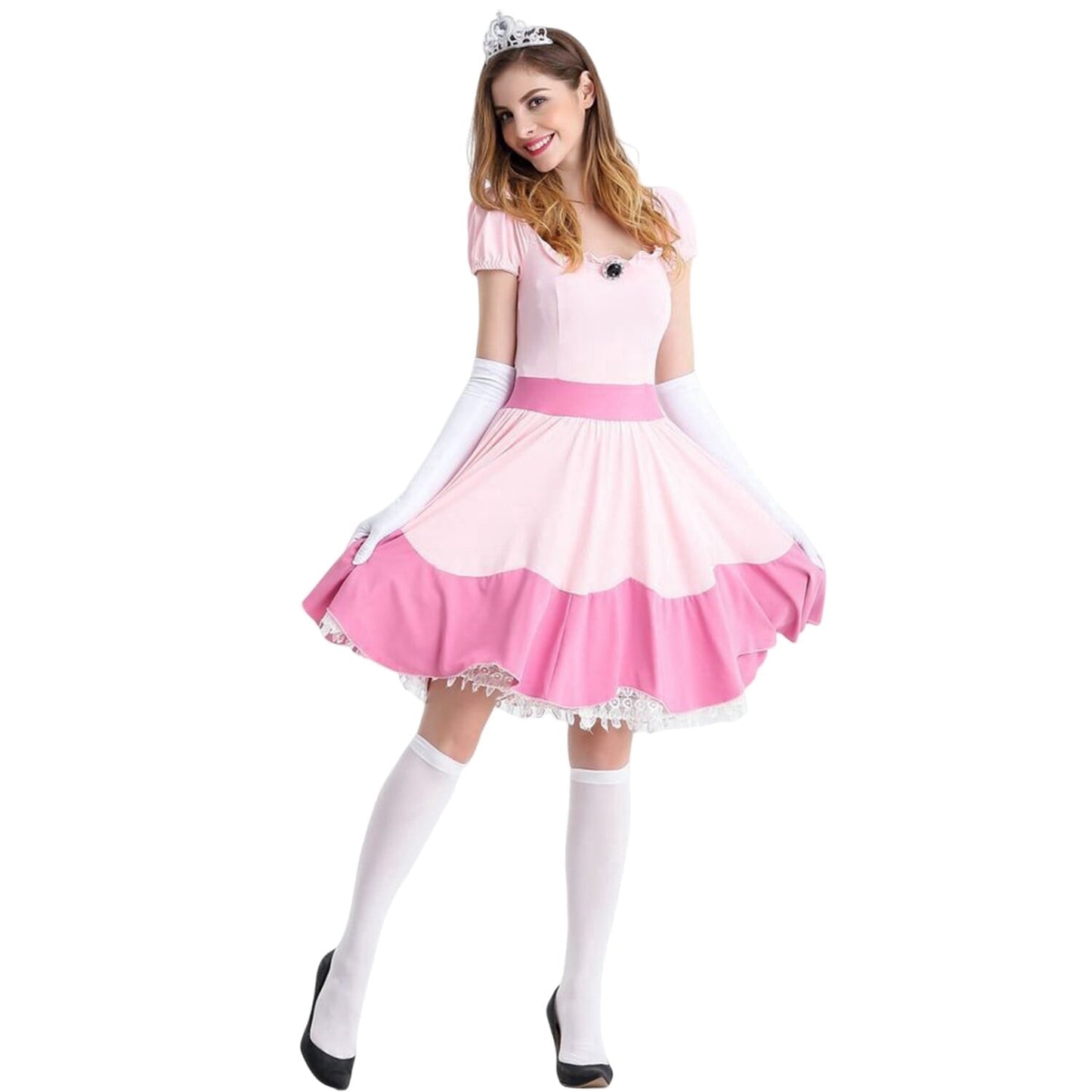 HAWEE Women Princess Pink Costume Adult Fairy Outfit Halloween Carnival Cosplay Party Dress with Crown & Gloves