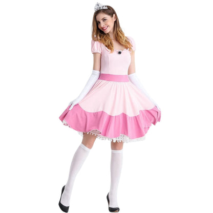 HAWEE Women Princess Pink Costume Adult Fairy Outfit Halloween Carnival Cosplay Party Dress with Crown & Gloves