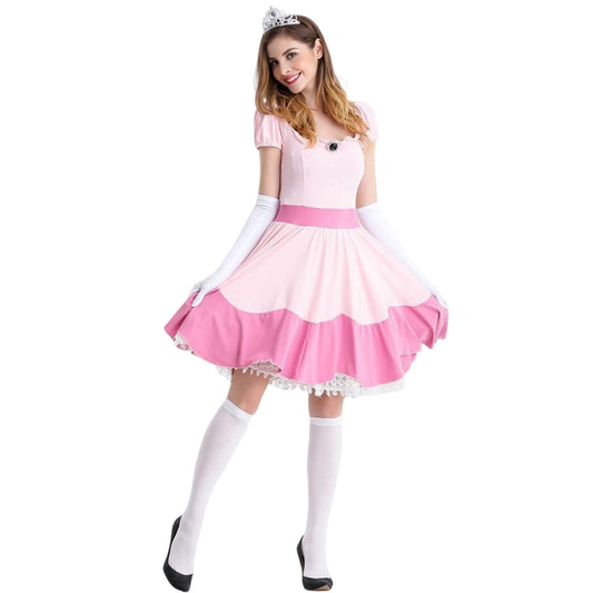 HAWEE Women Princess Pink Costume Adult Fairy Outfit Halloween Carnival Cosplay Party Dress with Crown & Gloves