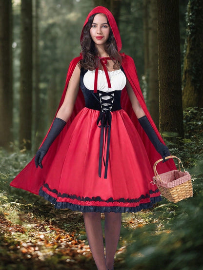 LOEL Women Little Red Riding Hooded Costume with Dress, Cape and Gloves, Adult Women Halloween Costume for Halloween Party Cosplay