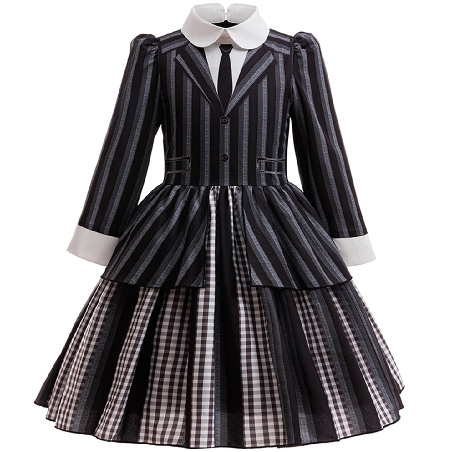 KAWELL Addams Costume for Girls, Academy Uniform Outfits Cosplay with Black Wig, Pleated Skirt Girl's Stripes Suits Sets for Halloween