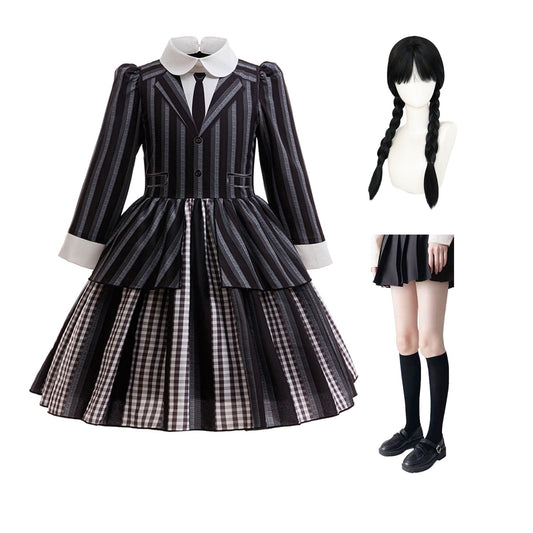 KAWELL Addams Costume for Girls, Academy Uniform Outfits Cosplay with Black Wig, Pleated Skirt Girl's Stripes Suits Sets for Halloween
