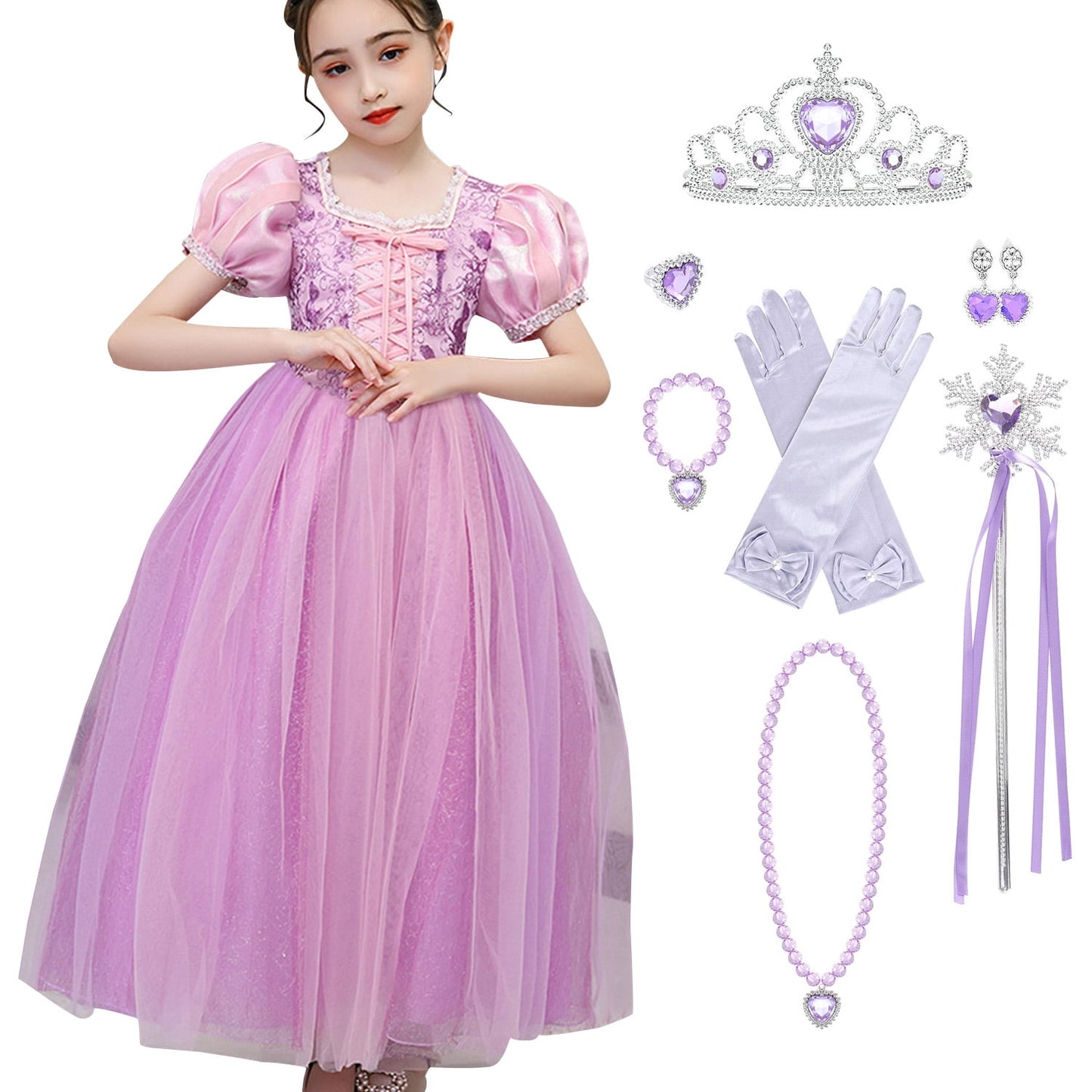 KAWELL Girls' Rapunzel Princess Sofia Costume Halloween Masquerade Ball Dress with Sleeves