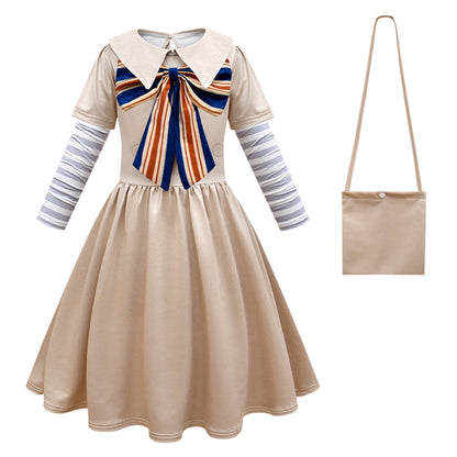 KAWELL Khaki Costume for Girls Fancy Costumes Uniform Dress Halloween Outfit With Bow Sleeves Bag and Wigs
