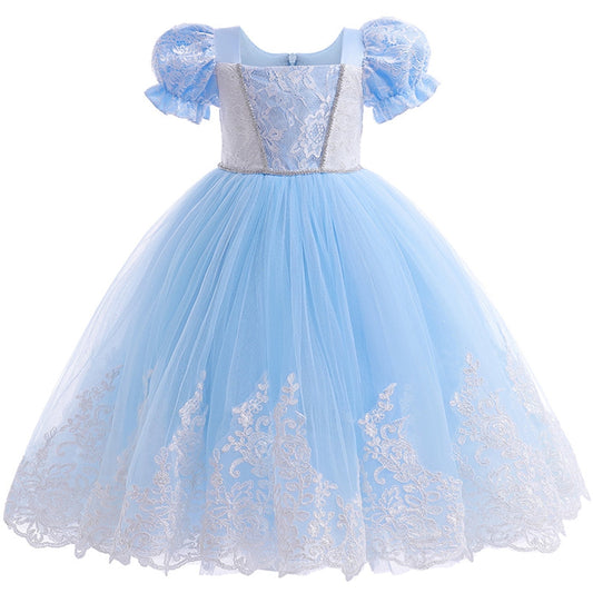 KAWELL Little Girls Princess Costume Lace Mosaic Mesh Blue Toddler Girls Dress