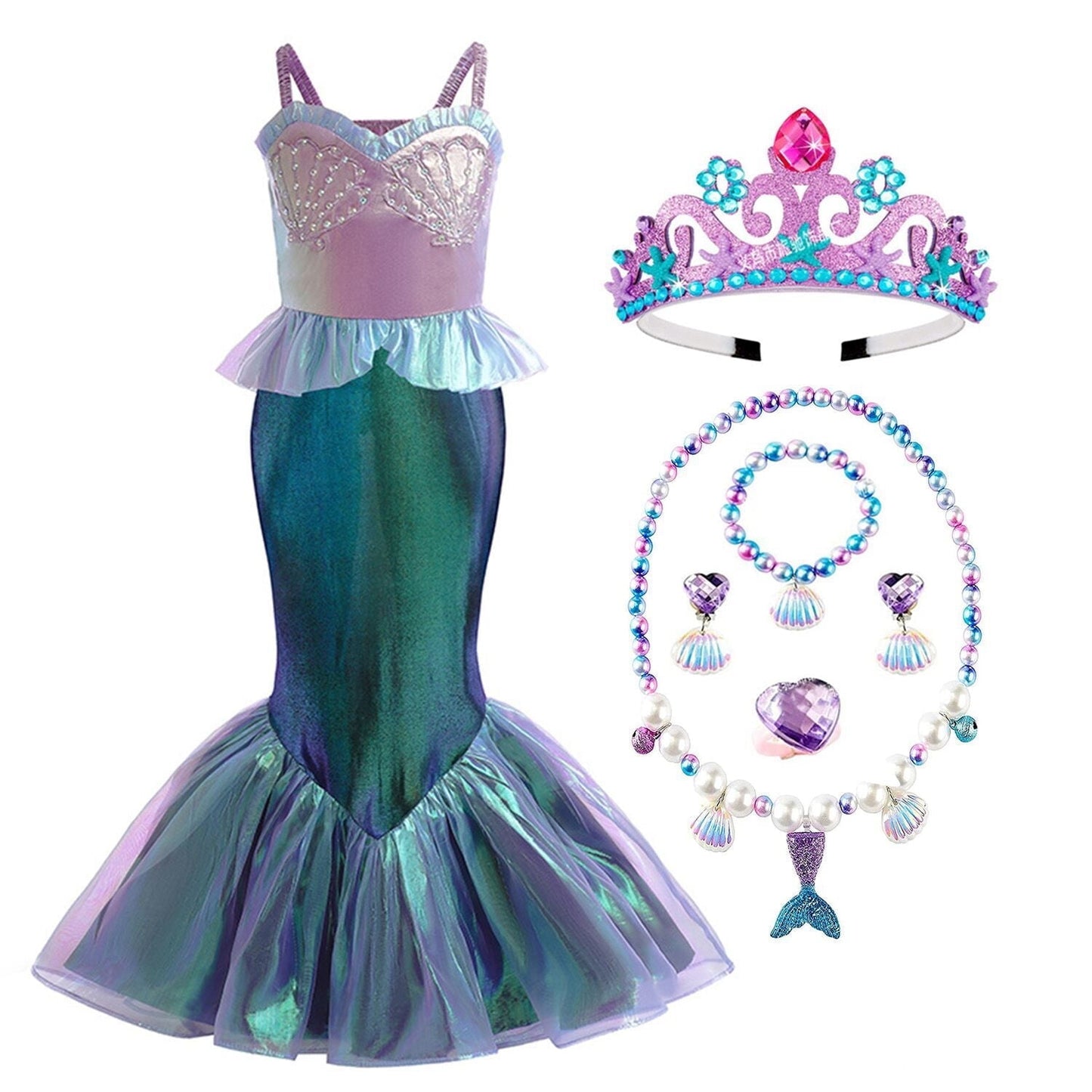 KAWELL Mermaid Costume Dress for Toddler Girls Cosplay Ariel Outfit Halloween Birthday Party Dress Up with Accessories
