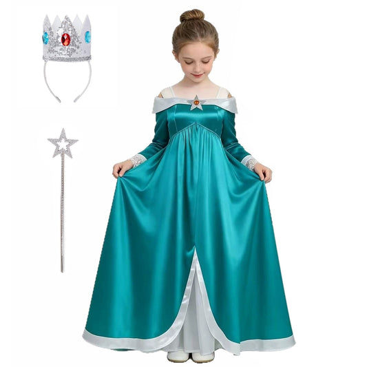 KAWELL Princess Costume Super Bros. Galaxy Movie Off Shoulder Fancy Dress with Crown Wand Accessories Cosplay Party Green