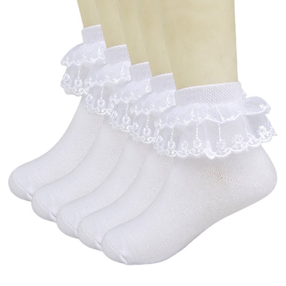 KAWELL 5 Pairs Toddler Baby Girls Ruffle Lace Socks Cotton Frilly Ankle Soft Dress children Princess Socks 2-15T
