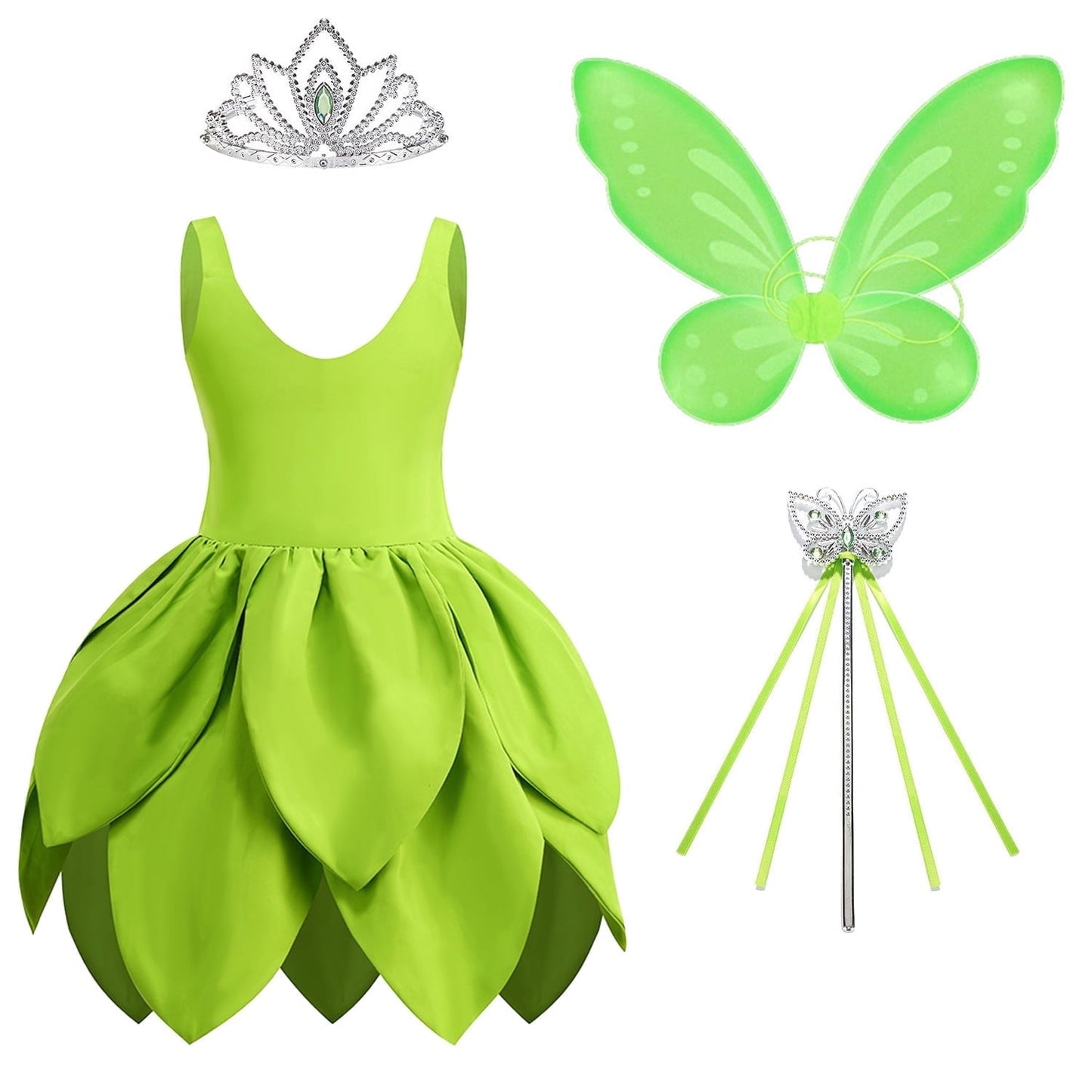 KAWELL Princess Green Fancy Fairy Costume for Girls Fancy Halloween Birthday Party Outfit Fairy Dress with Accessories