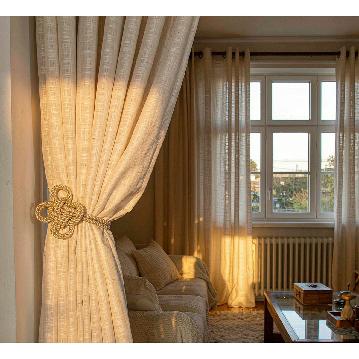 Styled living room with tieback