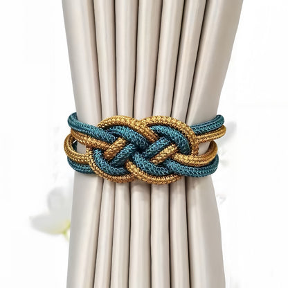 Tieback holding beige curtains