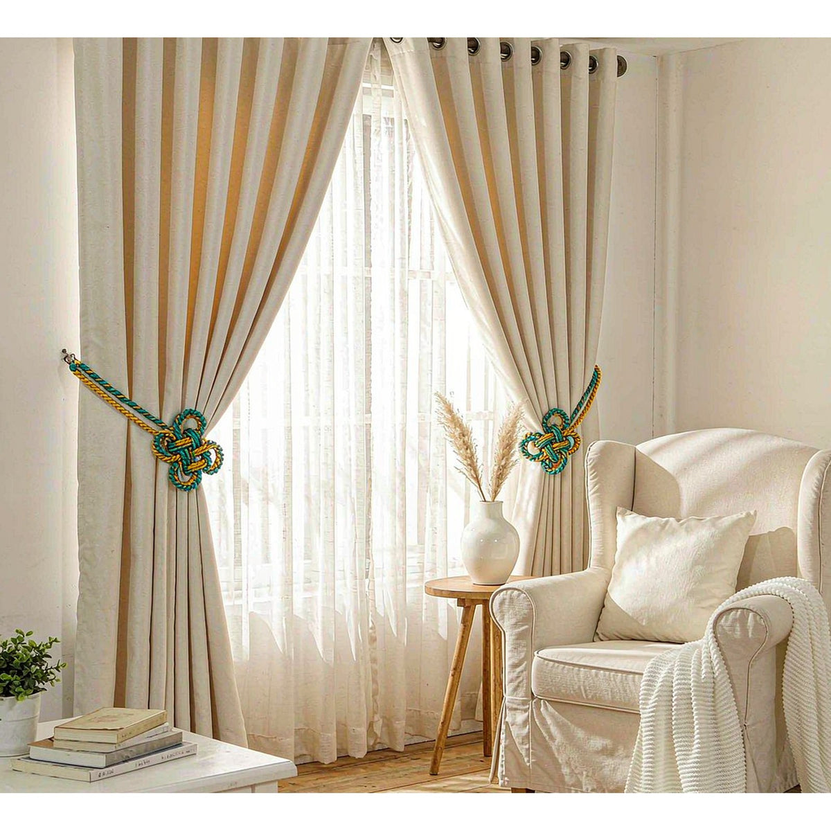 Styled living room with tieback