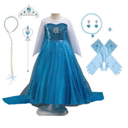 LOEL Girls Blue Princess Dress Sequin Long-Sleeve Blue Fairy Dress Christmas Birthday Party Dress Up