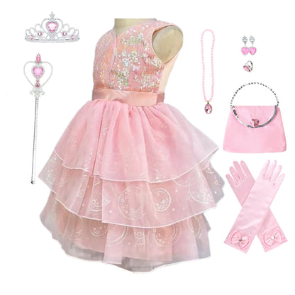 LOEL Girls Pink Ball Gown Witch Dress Princess Dresses Sequin Tulle Dress Wedding Birthday Party Dress Up