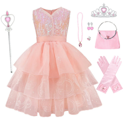 LOEL Girls Pink Ball Gown Witch Dress Princess Dresses Sequin Tulle Dress Wedding Birthday Party Dress Up