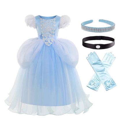 HAWEE Princess Blue Dress for Girls Puffy Sleeve Princess Costume Halloween Cosplay Party Fancy Dress(2-12Y)