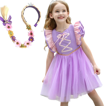 LOEL Little Girls Princess Fancy Dress Short Sleeve Purple Tulle Casual Dress Wedding Party Dresses 2-9Y