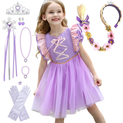 LOEL Little Girls Princess Fancy Dress Short Sleeve Purple Tulle Casual Dress Wedding Party Dresses 2-9Y