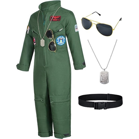 Phenas Kids Fighter Pilot Costume - Air Force Flight Suit Roleplay Dress Up with Aviator Accessories for Girls Boys