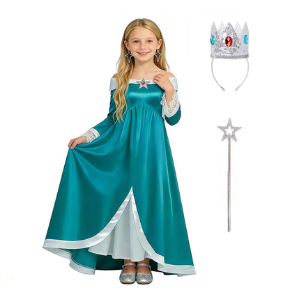 URSOFINE Off-Shoulder Teal Star Princess Dress, Fantasy Satin Gown with Lace Cuffs, Crown Wand for Halloween Party Dress-Up