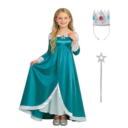URSOFINE Off-Shoulder Teal Star Princess Dress, Fantasy Satin Gown with Lace Cuffs, Crown Wand for Halloween Party Dress-Up