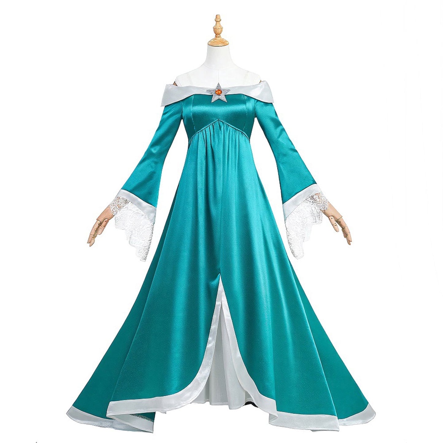 URSOFINE Off-Shoulder Teal Star Princess Dress, Fantasy Satin Gown with Lace Cuffs, Crown Wand for Halloween Party Dress-Up