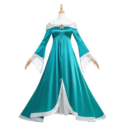 URSOFINE Off-Shoulder Teal Star Princess Dress, Fantasy Satin Gown with Lace Cuffs, Crown Wand for Halloween Party Dress-Up
