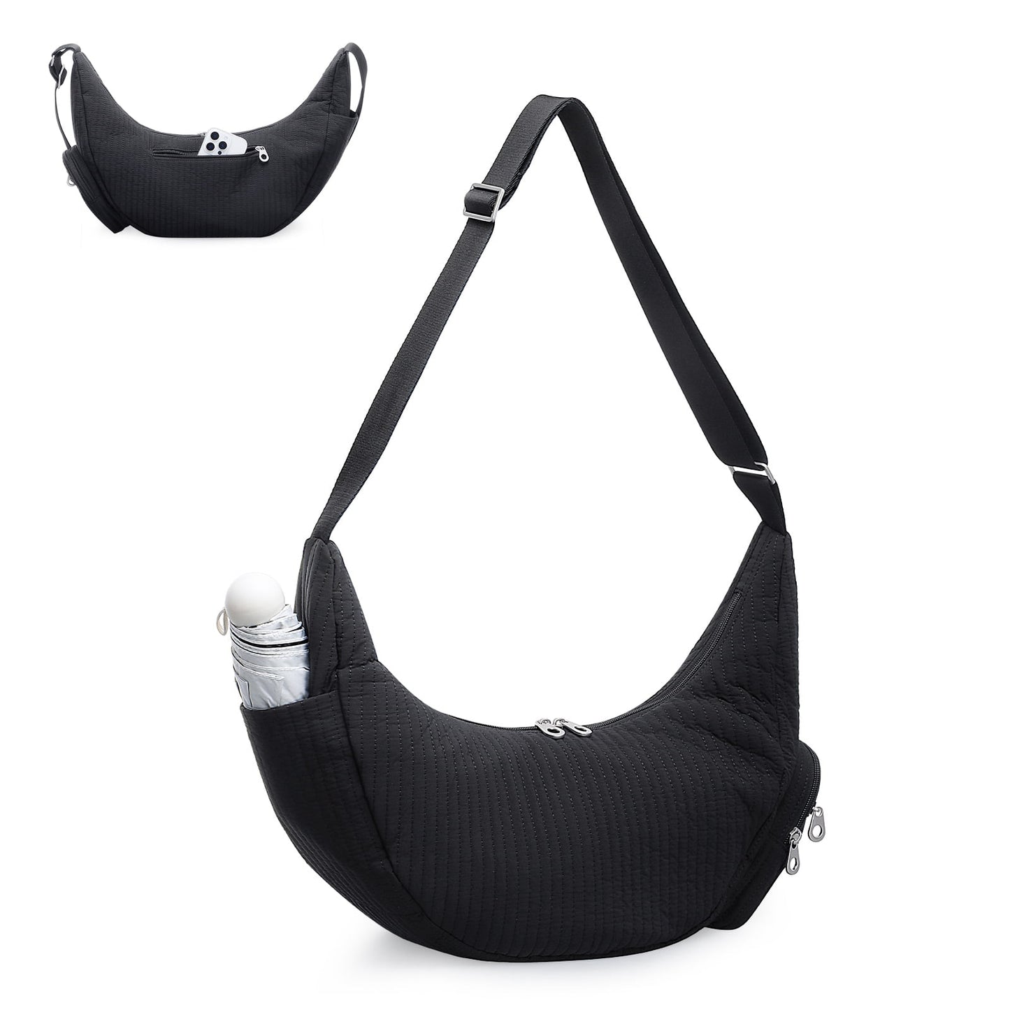 URSOFINE Oversized Quilted Puffer Hobo Bag for Women Men - Adjustable Strap Crescent Crossbody Shoulder Bag, Large 2-Zipper Dumpling Casual Handbag with Side Pocket (Black)