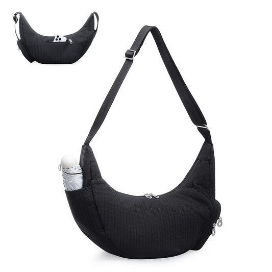 URSOFINE Oversized Quilted Puffer Hobo Bag for Women Men - Adjustable Strap Crescent Crossbody Shoulder Bag, Large 2-Zipper Dumpling Casual Handbag with Side Pocket (Black)