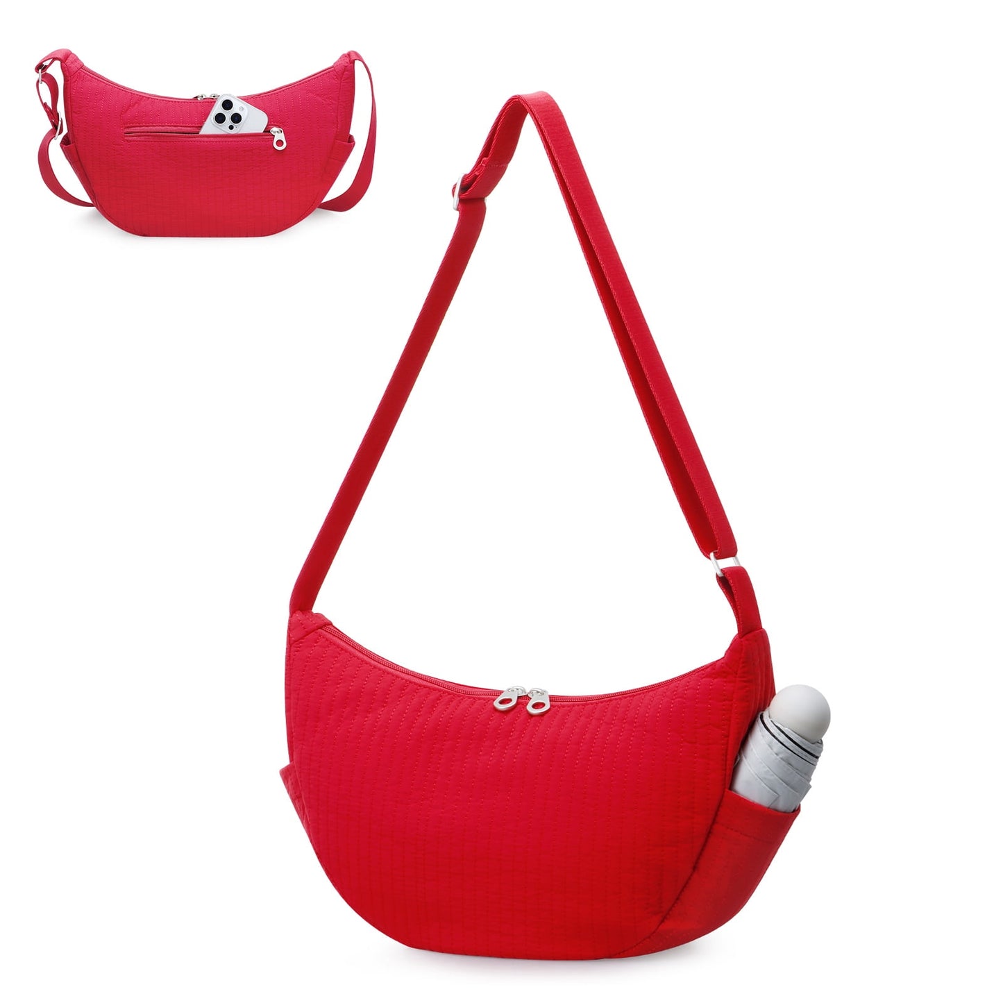 URSOFINE Quilted Puffer Hobo Bag for Women Men - Adjustable Strap Crescent Crossbody Shoulder Bag, Lightweight 2-Zipper Dumpling Casual Handbag with Multiple Pockets (Red)