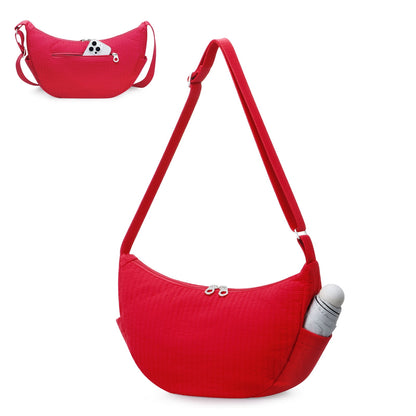 URSOFINE Quilted Puffer Hobo Bag for Women Men - Adjustable Strap Crescent Crossbody Shoulder Bag, Lightweight 2-Zipper Dumpling Casual Handbag with Multiple Pockets (Red)
