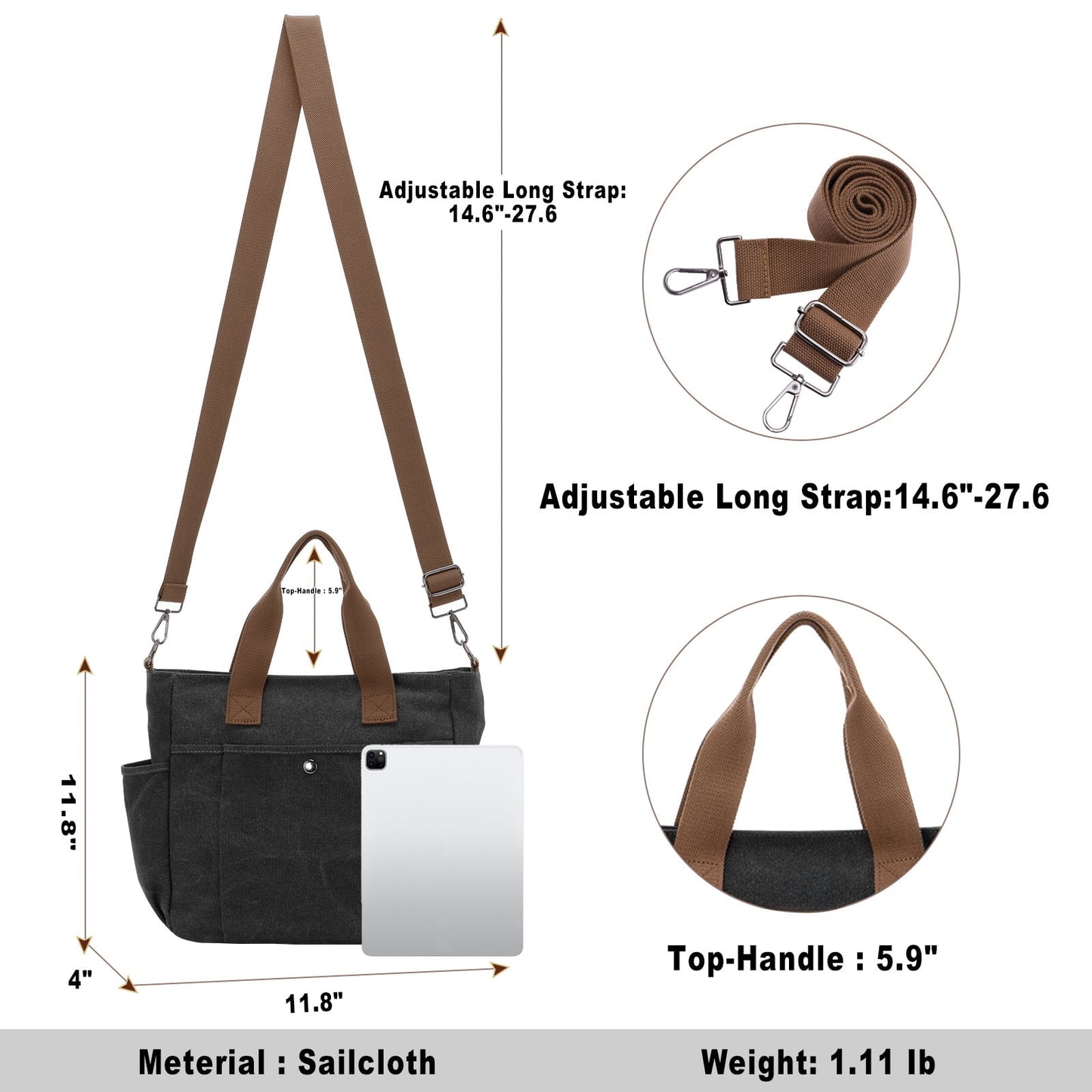 URSOFINE Women's Tote Bag Canvas Shoulder Bag Medium Stylish Crossbody Bags Lightweight Handbag Everyday Purse with Multiple Pockets for Work Travel College Daily Use