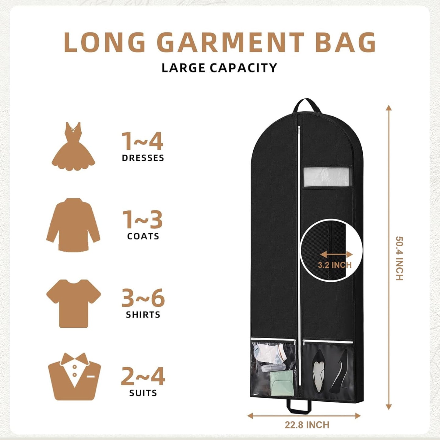 URSOFINE 54" Garment Bags for Travel and Storage, Travel Suit Bags for Men Women with 2 Clear Pockets, Storage bags for Clothes, Suits, Dress, Shirts, Coats (Black)