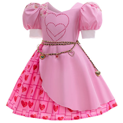 KAWELL Pink Costume for Girls Halloween Kids Princess Rise Red Pink Heart Dress with Wig Clothes Outfit
