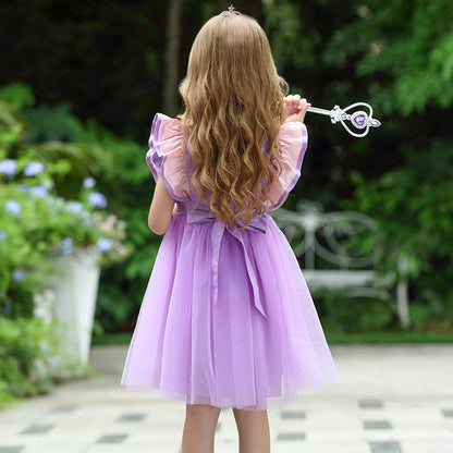 LOEL Little Girls Princess Fancy Dress Short Sleeve Purple Tulle Casual Dress Wedding Party Dresses 2-9Y