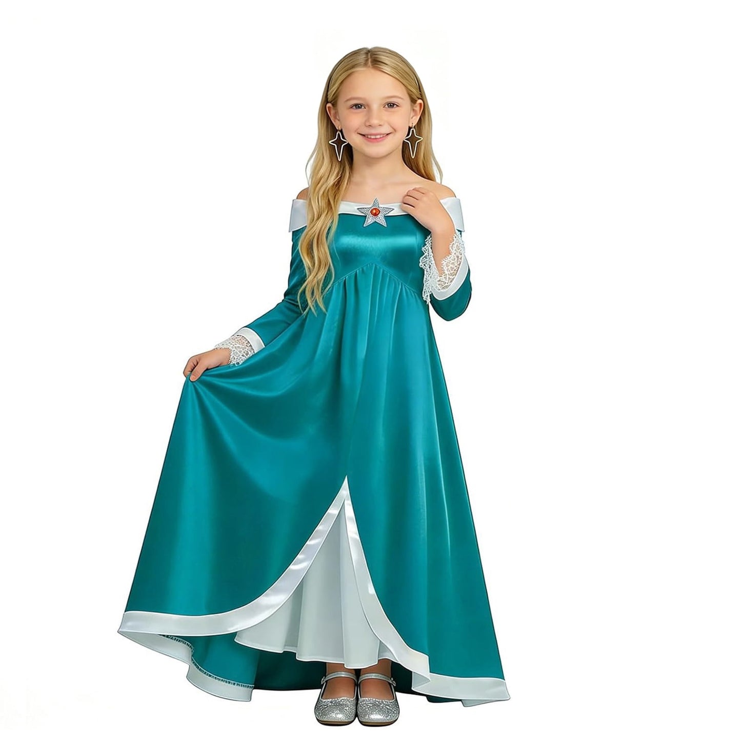 URSOFINE Off-Shoulder Teal Star Princess Dress, Fantasy Satin Gown with Lace Cuffs, Crown Wand for Halloween Party Dress-Up