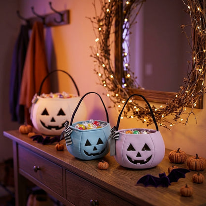 Plush Pastel Pumpkin Trick or Treat Basket with Striped Bow Accent for Halloween Party Favors - scene