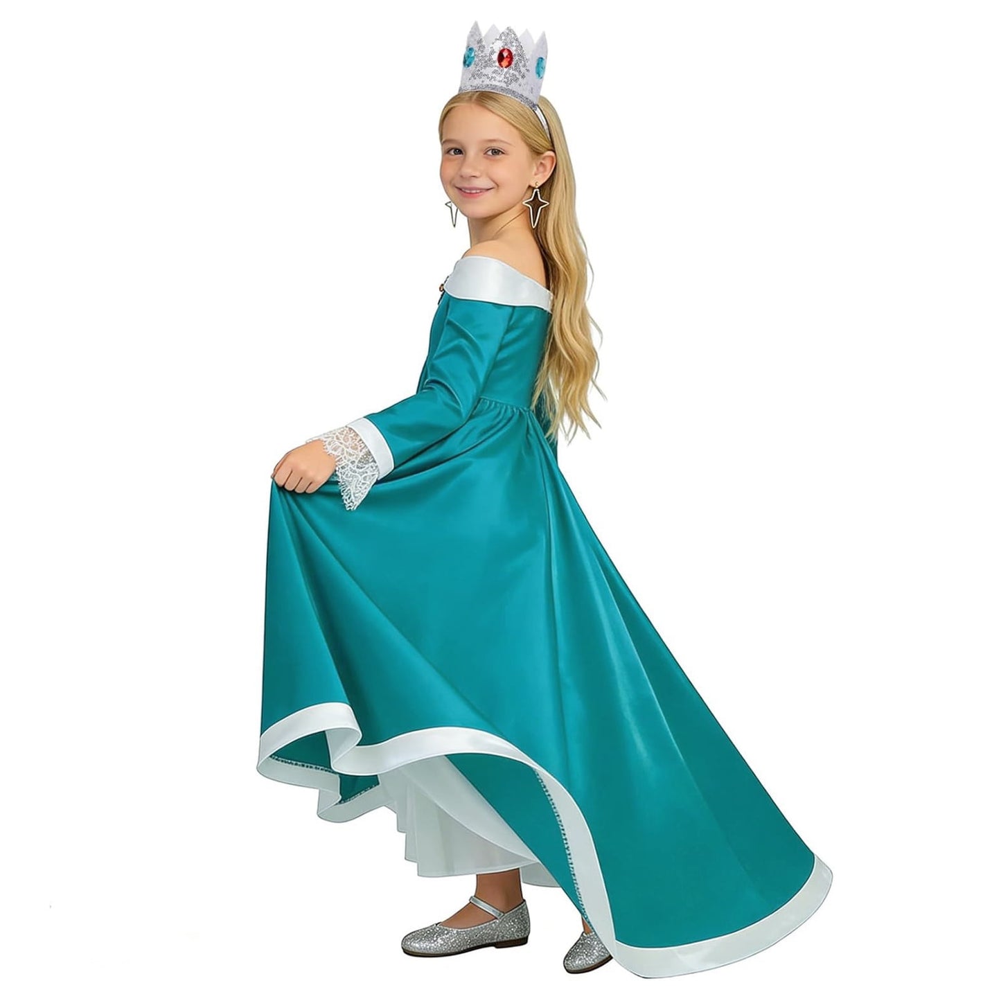 URSOFINE Off-Shoulder Teal Star Princess Dress, Fantasy Satin Gown with Lace Cuffs, Crown Wand for Halloween Party Dress-Up
