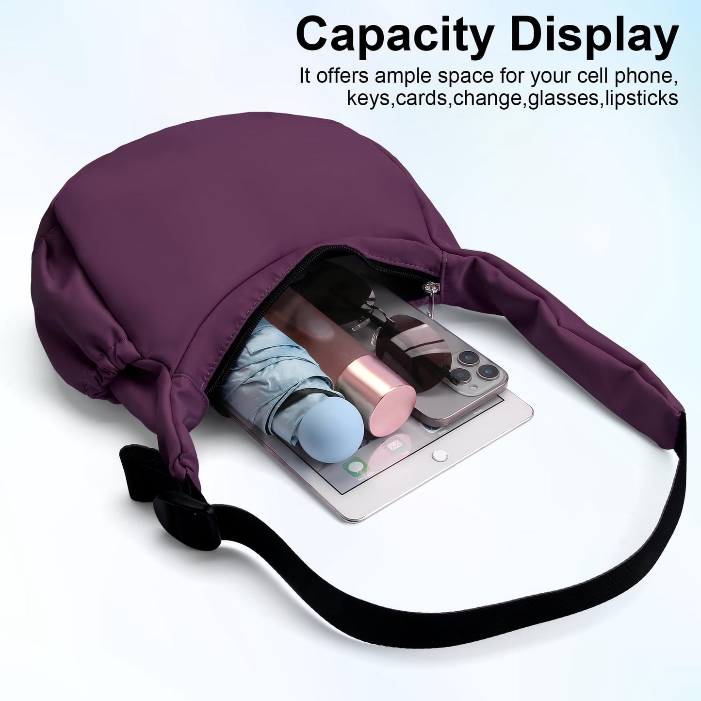 URSOFINE Women Crescent Crossbody Bag Lightweight Hobo Shoulder Bag, Multi Pocket Adjustable Strap Sling Bag, Bohemian Casual Handbag Purse for Daily Shopping Travel Gift,Purple