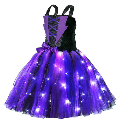 HAWEE Light up Witch Dress Halloween Girls Purple Witch Costume Party Fancy Dress with Hat and Broom