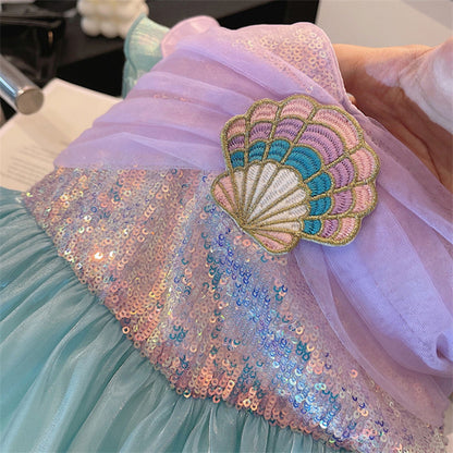 Phenas Little Girl Mermaid Sequins Princess Costume Flutter Sleeves Tank Top Party Dress