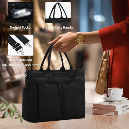 URSOFINE Tote Bag for Women, Lightweight Crossbody Tote Handbag with Dry Pocket, Nylon Shoulder Bag with Detachable Shoulder Strap for Work, Travel, Daily Use