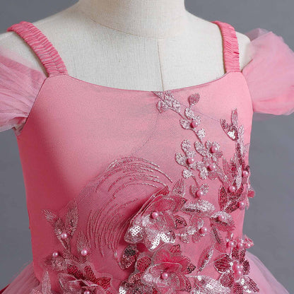 HAWEE Flower Girls Dresses Big Girls Off Shoulder Embroidered Puffy Dress Piano Costume Wedding Bridesmaid Princess Long Full Dress, Sizes 5-13Y