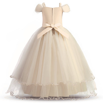 HAWEE Flower Girls Dresses Big Girls Off Shoulder Embroidered Puffy Dress Piano Costume Wedding Bridesmaid Princess Long Full Dress, Sizes 5-13Y