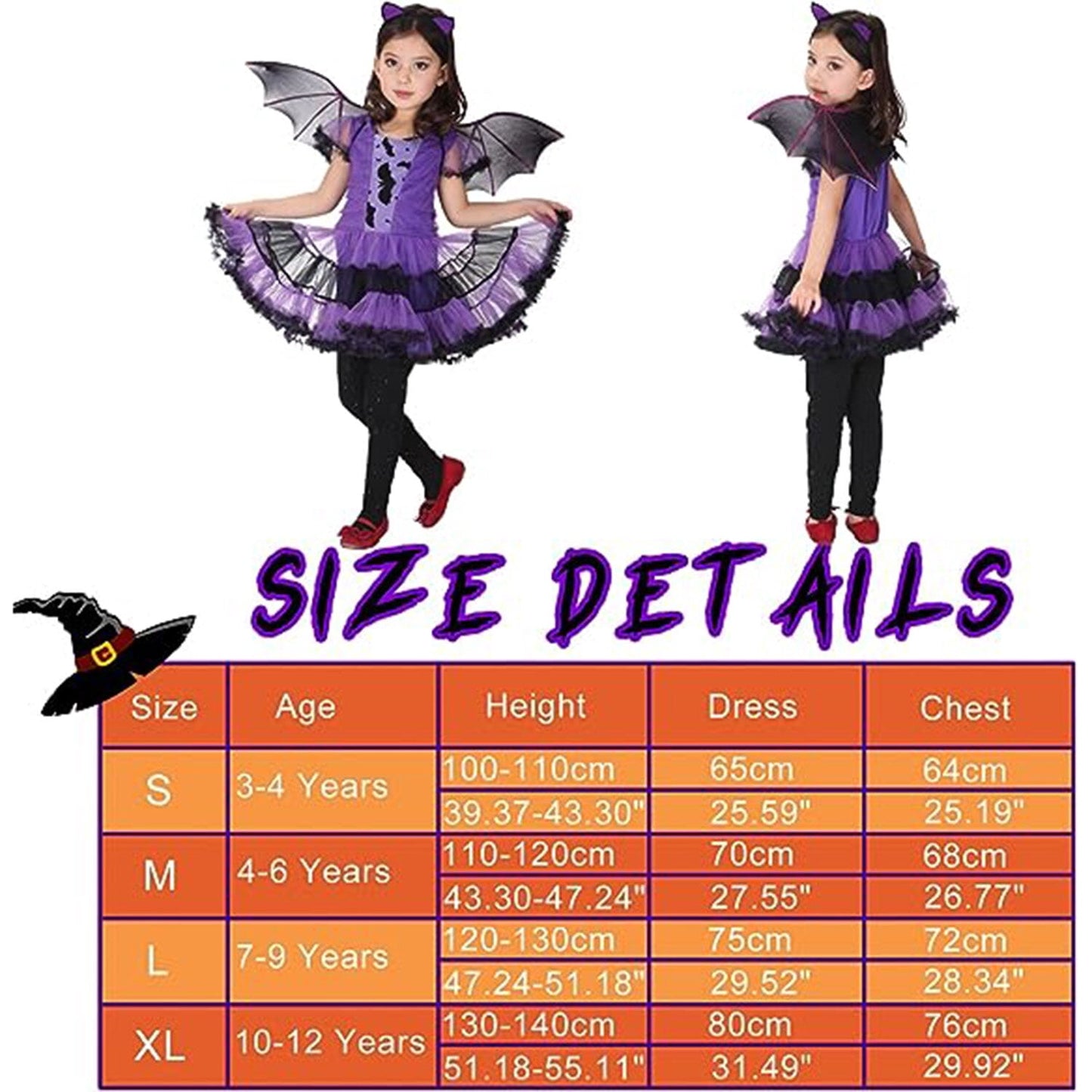 URSOFINE Girls Bat Vampire Costume Kids Halloween Clothes Animal Cosplay Purple Dress