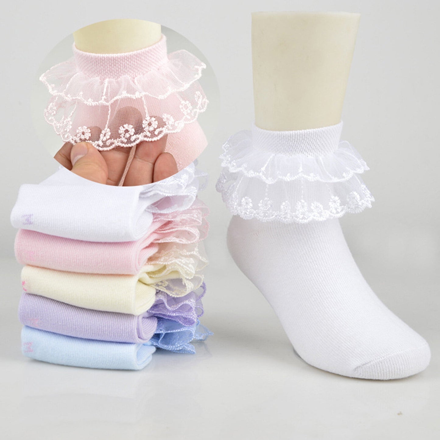 KAWELL 5 Pairs Toddler Baby Girls Ruffle Lace Socks Cotton Frilly Ankle Soft Dress children Princess Socks 2-15T