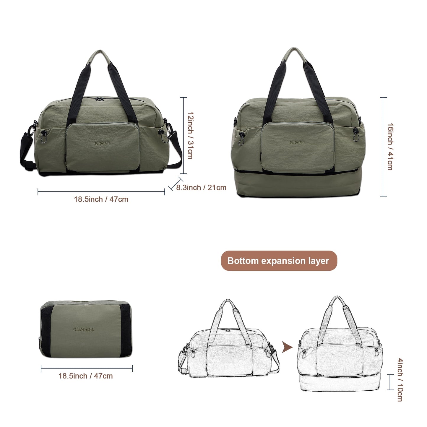 URSOFINE Nylon Duffle Bag, Lightweight Foldable Expandable Gym Bag with Wet Pocket & Luggage Sleeve, Large Capacity Carry On Travel Bag for Men Women, Ideal for Fitness Camping Weekend Getaways Green