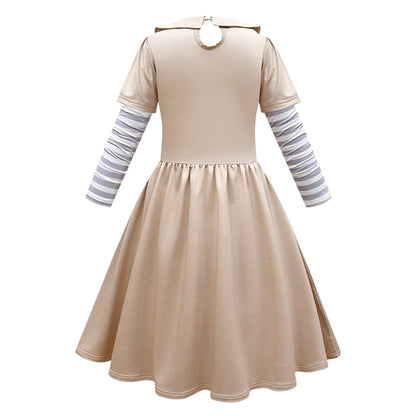 KAWELL Khaki Costume for Girls Fancy Costumes Uniform Dress Halloween Outfit With Bow Sleeves Bag and Wigs