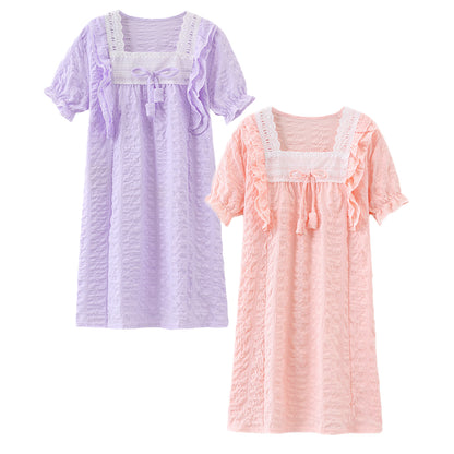 HuaAngel 2 Pieces Girls Short Sleeve Nightgown Square Neck Soft Sleepwear Sizes 5-13