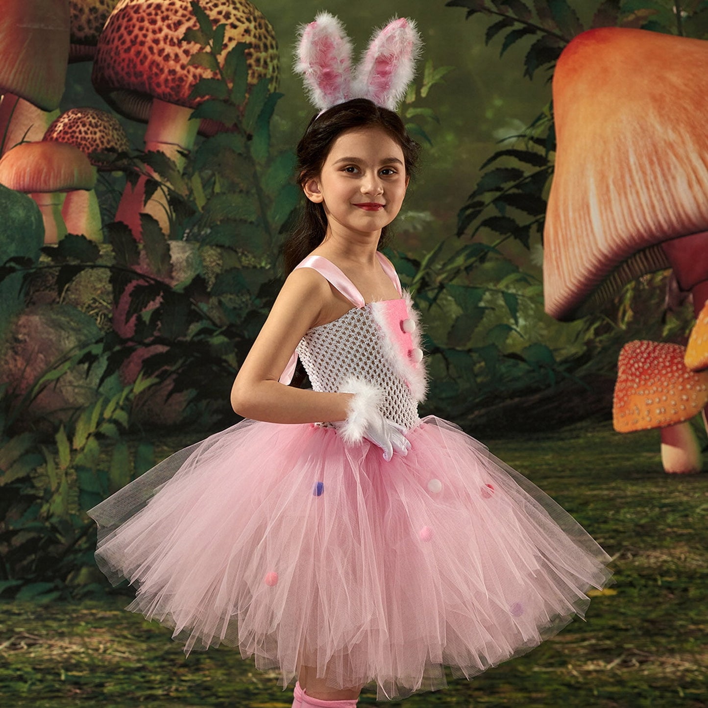 HAWEE Easter Rabbit Dress for Girls Pink Sleeveless Bunny Tutu Tulle Dress Rabbit Costume 5 PCS Kids Birthday Fancy Dress Up